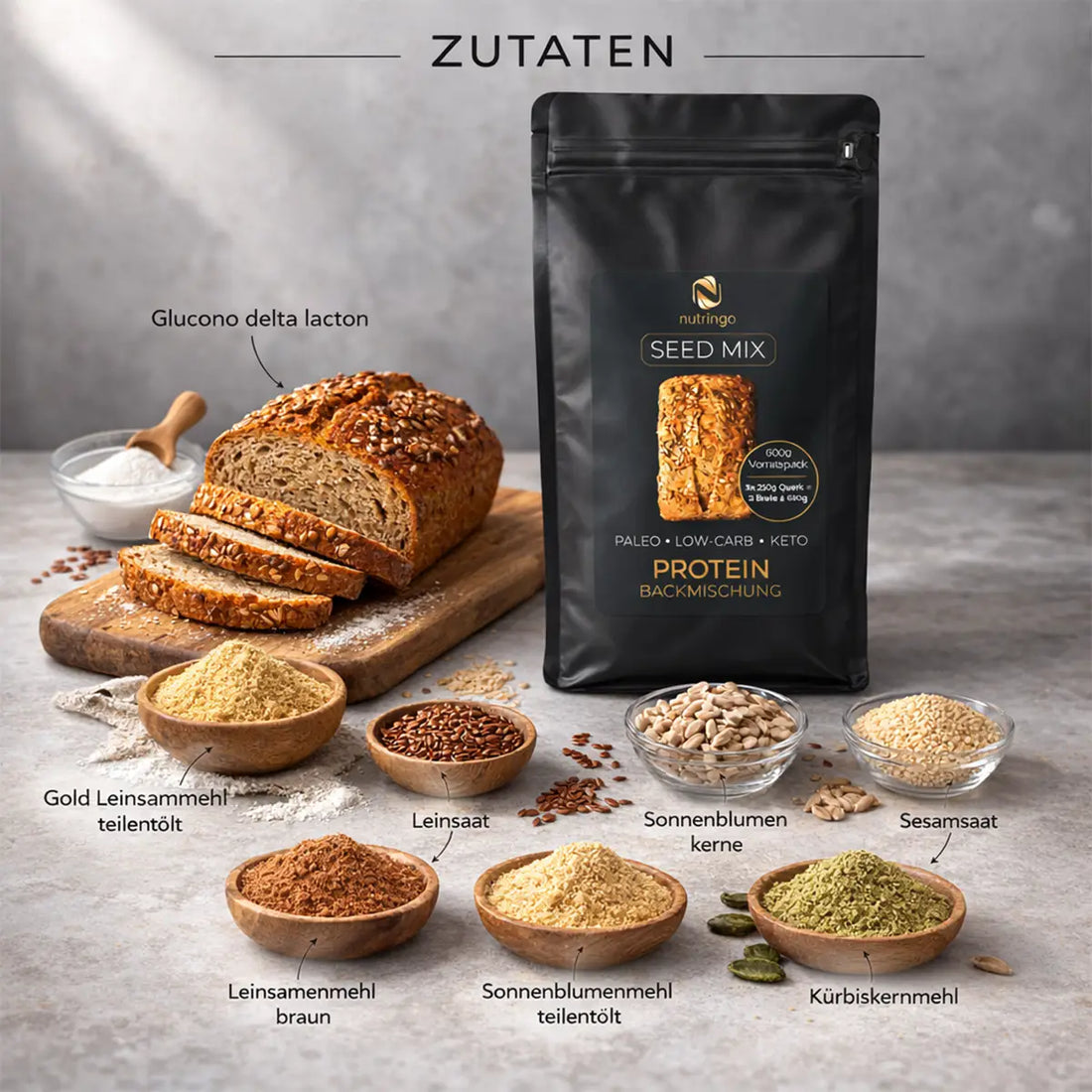 Nutringo®- Seed Mix Eiweißbrot Backmischung - Familybox 2 kg.