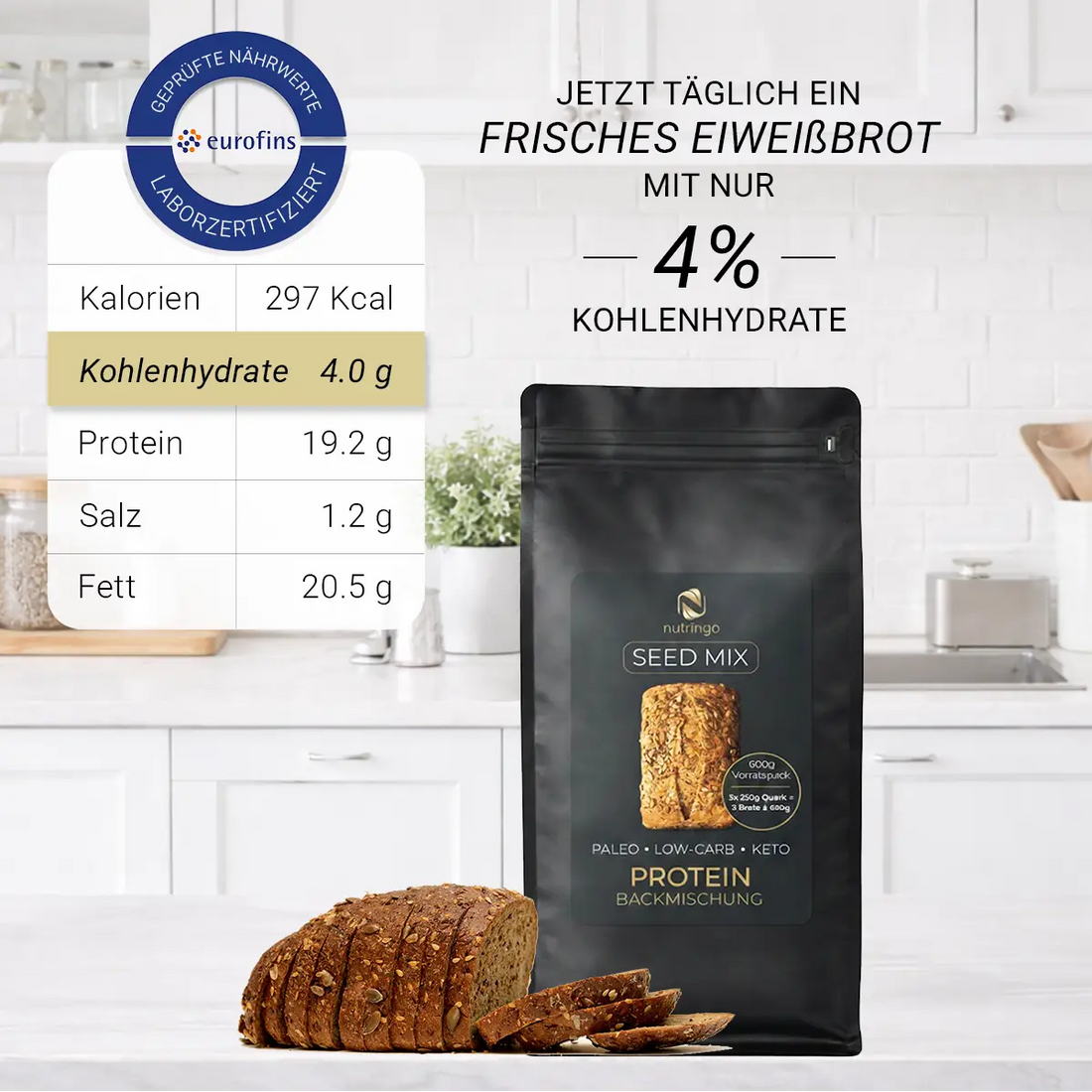 Nutringo® Seed Mix Eiweißbrot Backmischung – 600 g (3 Brote)